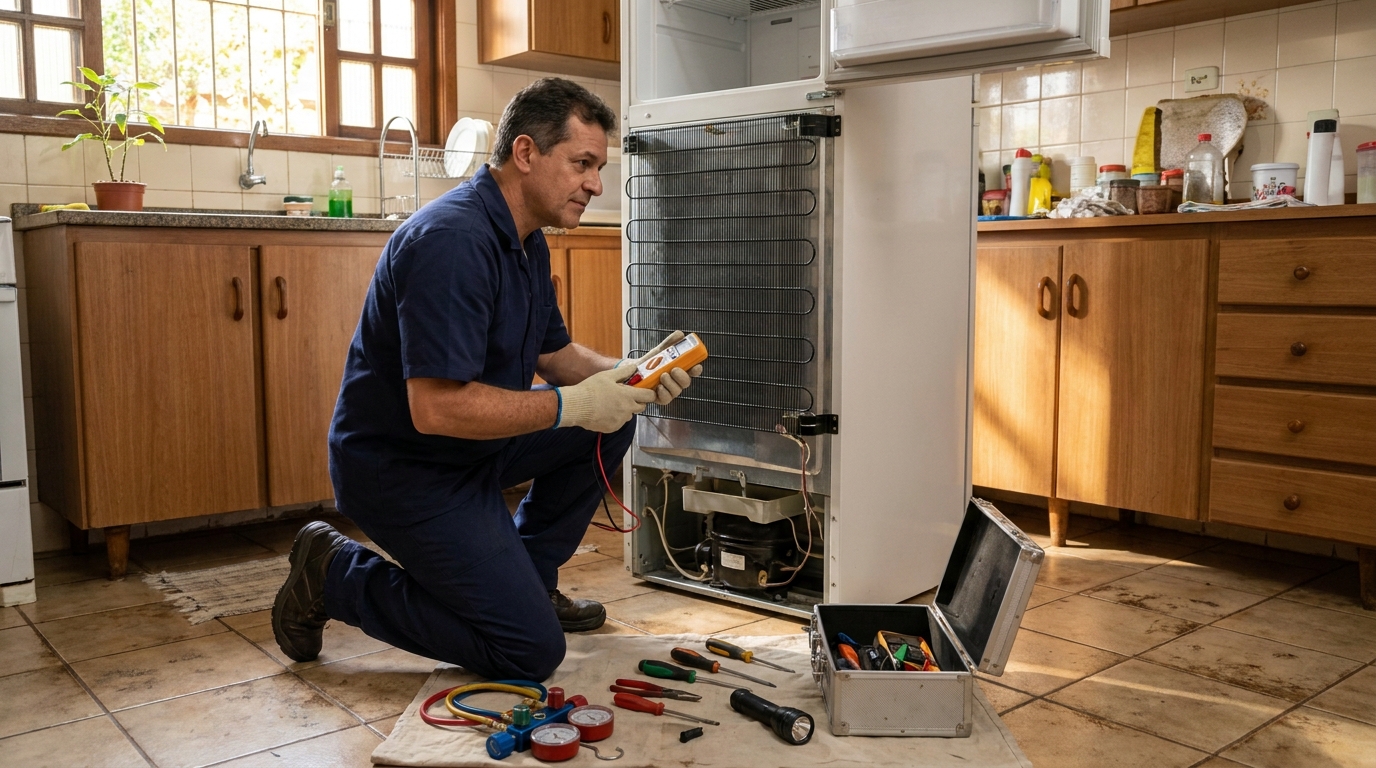 Técnico de geladeira atendendo em residência