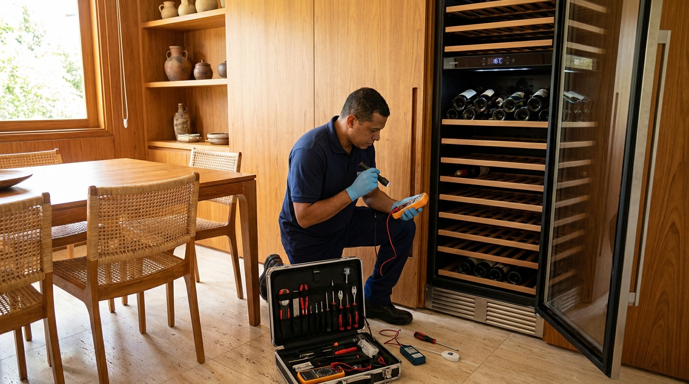 Técnico trocando o termostato de adega climatizada em Macaé‑RJ