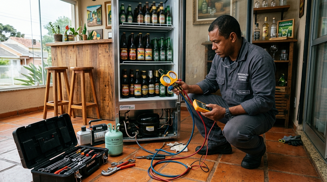 Técnico fazendo manutenção do compressor de cervejeira em Botucatu‑SP