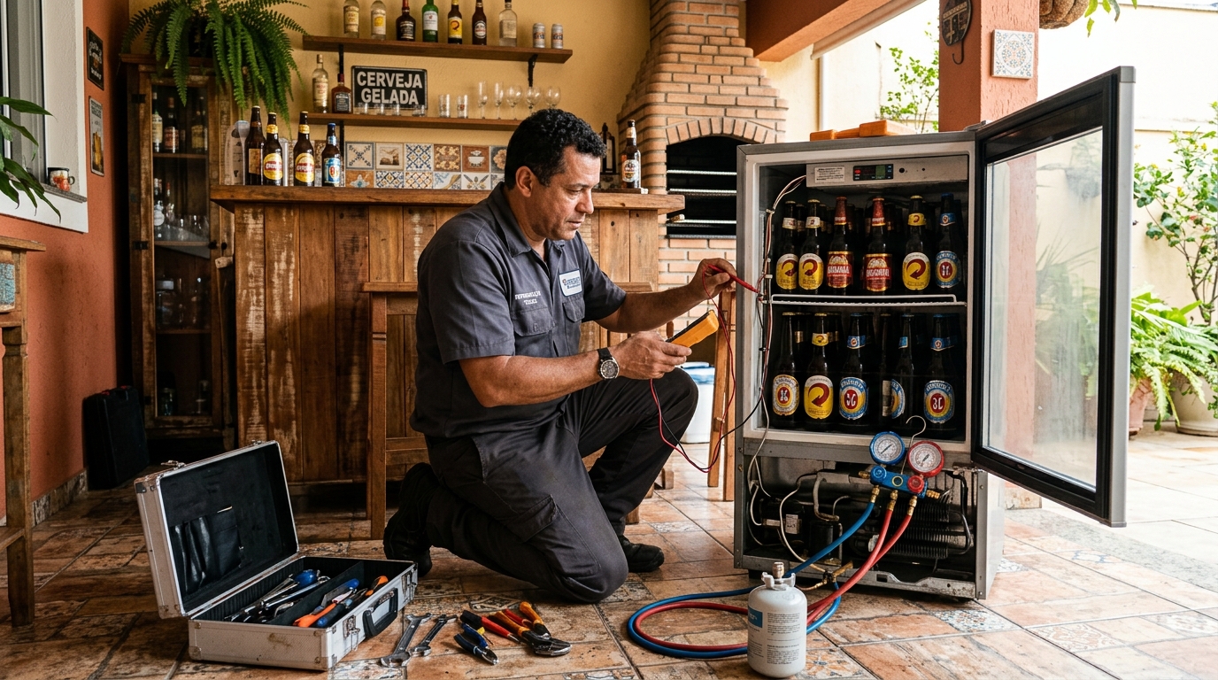 Técnico fazendo recarga de gás em cervejeira em Botucatu‑SP