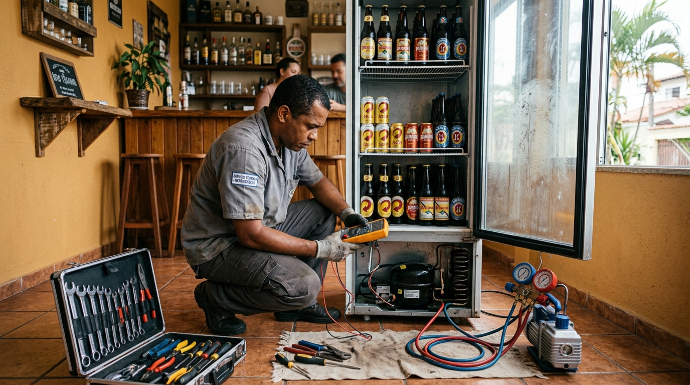 Técnico trocando o termostato de cervejeira em Botucatu‑SP