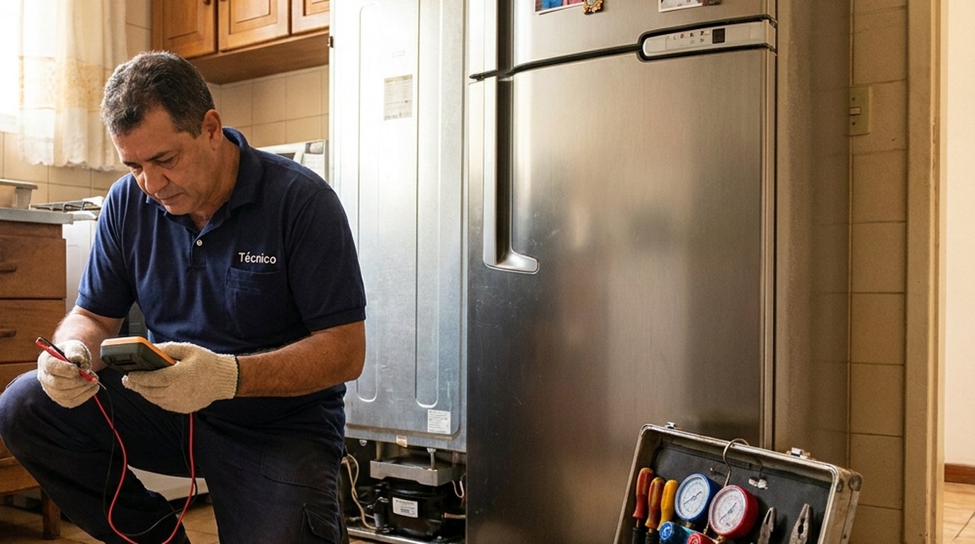 Técnico de geladeira com multímetro e maleta de manômetros aberta em Lages‑SC