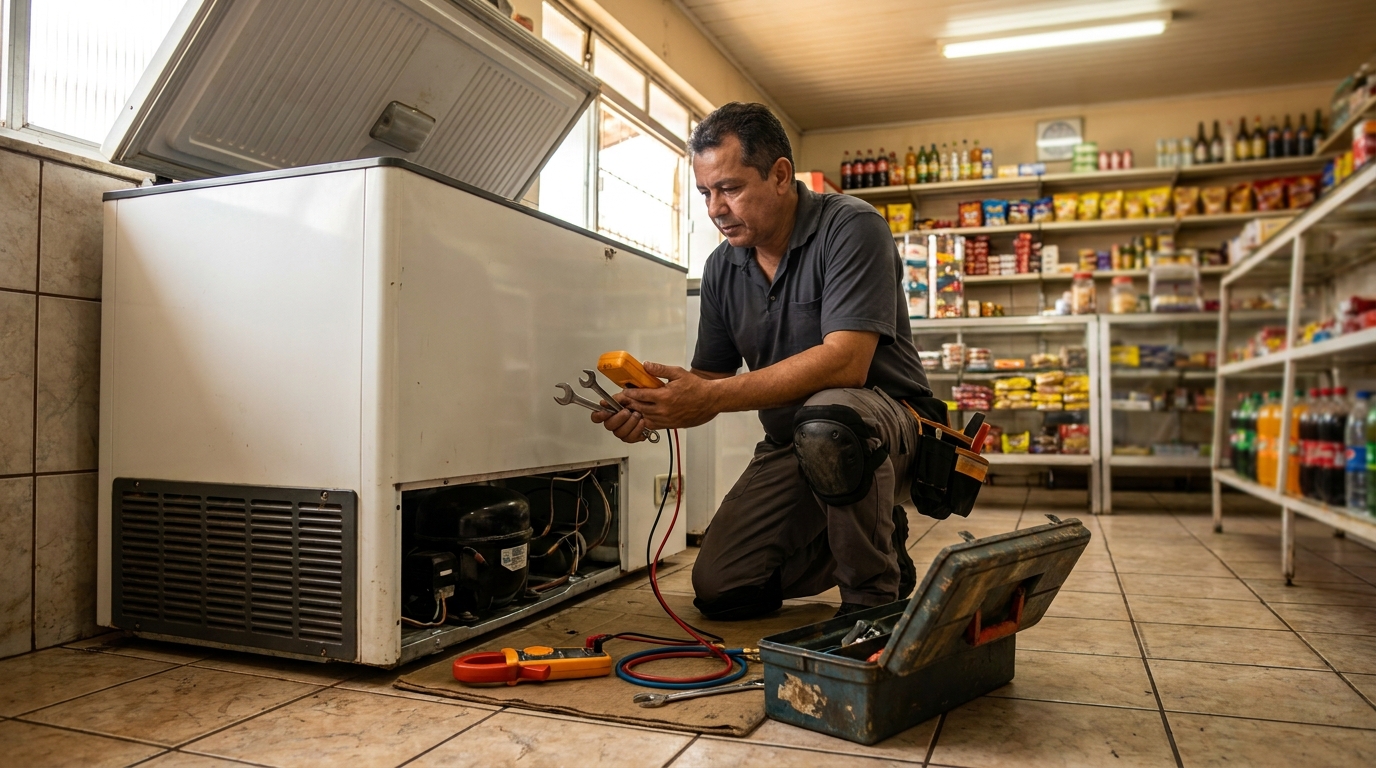 Técnico fazendo manutenção do compressor de freezer em Belém‑PA