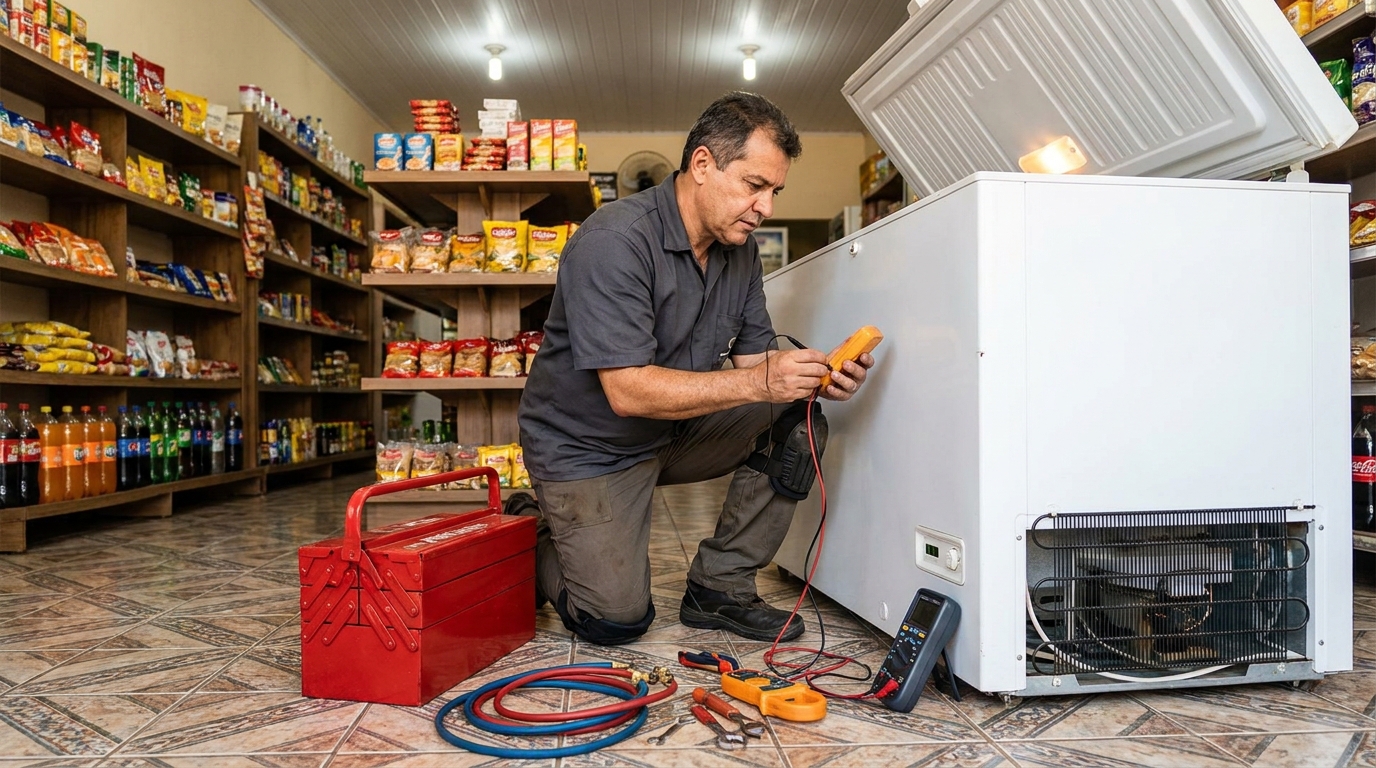Técnico fazendo recarga de gás em freezer em Belém‑PA
