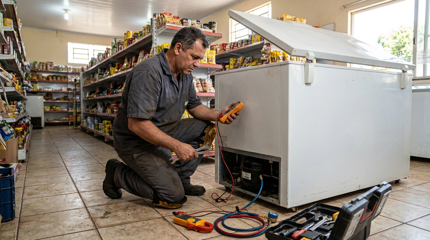 Técnico trocando o termostato de freezer em Belém‑PA