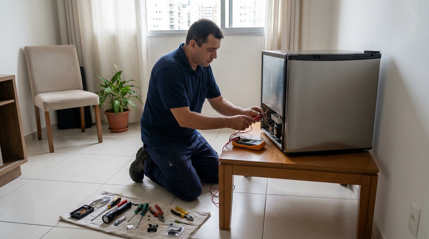 Técnico fazendo manutenção do compressor de frigobar em Alvorada‑RS