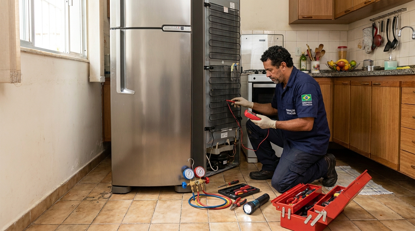 Técnico fazendo manutenção do compressor de geladeira Perto de Mim