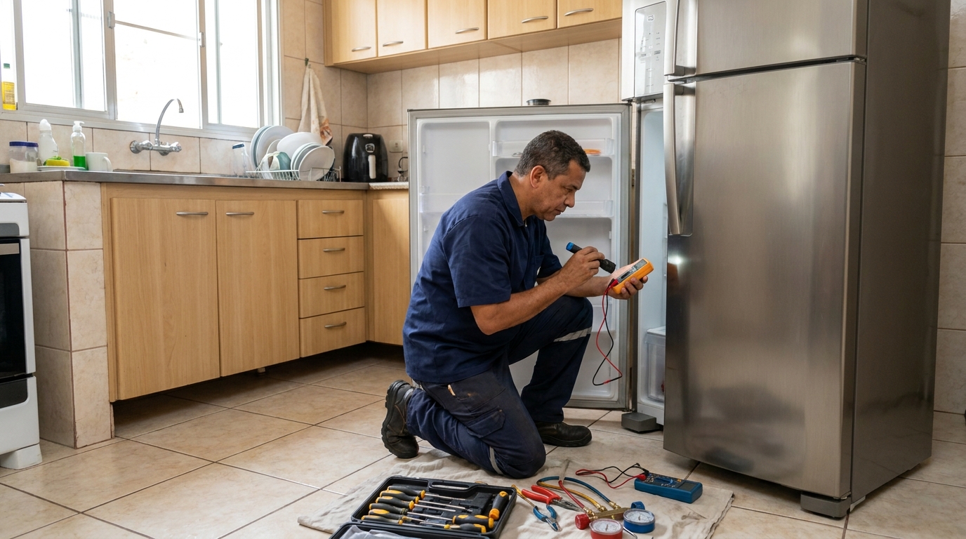 Técnico fazendo recarga de gás em geladeira em Porto Alegre‑RS