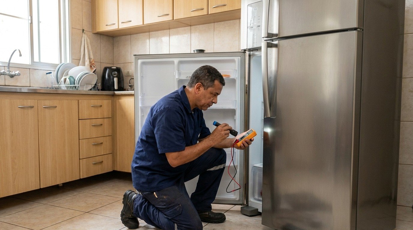 Técnico de geladeira medindo com a porta aberta