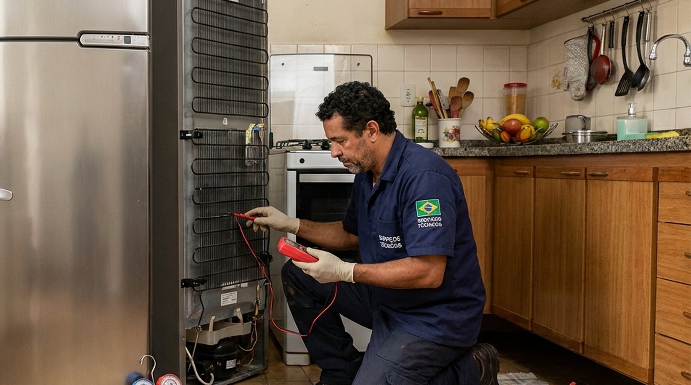 Técnico medindo a traseira de uma geladeira inox, com manômetros no chão em Macaé‑RJ