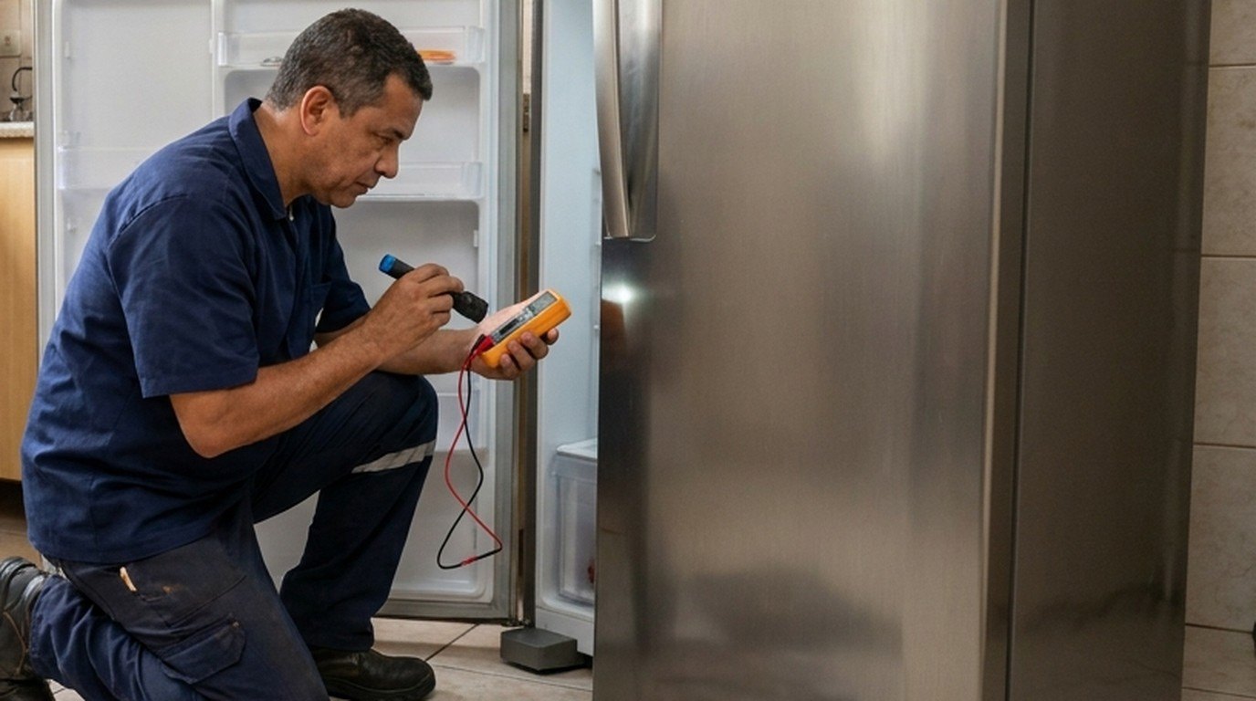 Técnico testando com lanterna e multímetro a geladeira aberta em Maceió‑AL